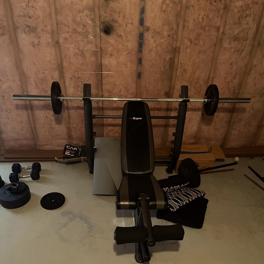 Weight bench with a whole bunch weight plate and two bar bell